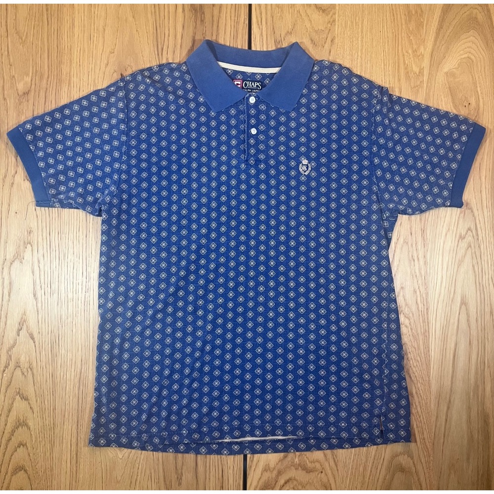 Chaps Ralph Lauren Polo Shirt Mens Large Blue Geometric Print True Vintage 90s